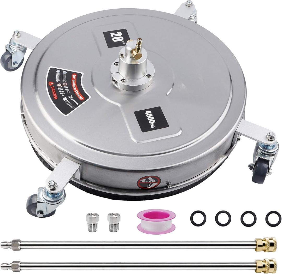 Twinkle Star 20" Pressure Washer Surface Cleaner with 4 Wheels, Stainless Steel Housing & 1/4" Quick Connector, Power Washer Attachment with 2 Extension Wand, 2 Replacement Nozzles, 4000 PSI