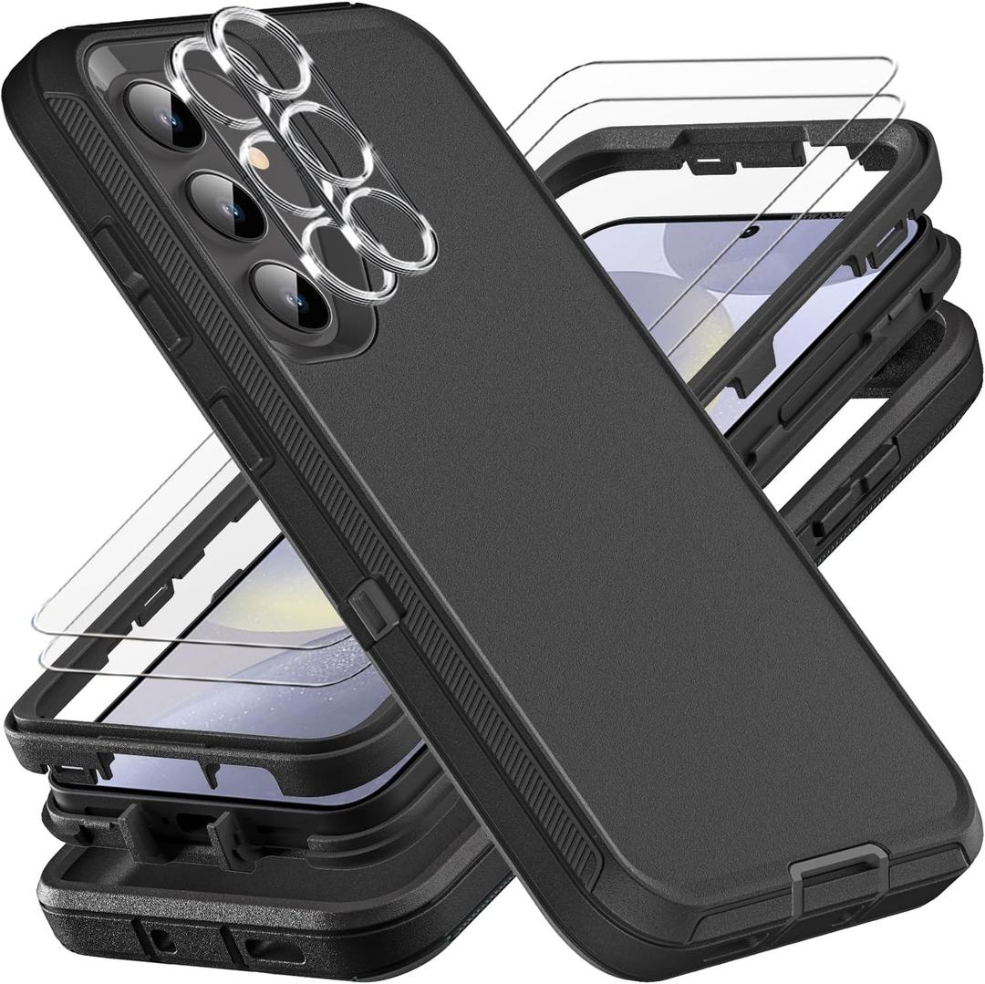 for Samsung Galaxy S24 Plus Case, Military Grade 3 in 1 Heavy Duty Shockproof/Drop Proof/Dust Proof Case with 2Pcs Tempered Glass Screen Protector & Camera Lens Protector (Black/Black)