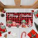 Merry Christmas Red Truck Gnomes Snowflake Buffalo Plaid Doormat 30"x17", Seasonal Winter Xmas Holiday Low-Profile Non-Slip Floor Mat Switch Mat for Indoor Outdoor