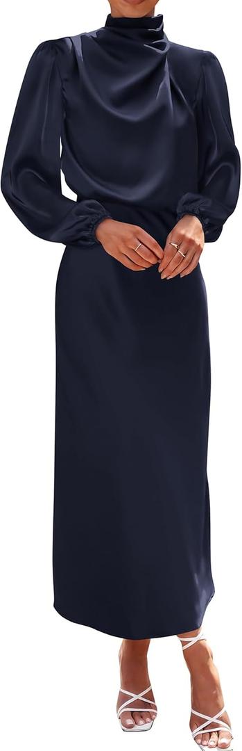 BTFBM Womens Mock Neck Satin Dress Spring Summer 2026 Long Sleeve Lightweight Formal Wedding Party Maxi Cocktail Dresses (XX-Large, Navy)