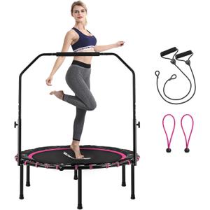 SONGMICS 40 Inches Mini Fitness Trampoline, Fitness Rebounder with Adjustable Handrail, Foldable Trampoline for At-Home Workout, Max. Load 264.6 lb (40Dia. x 11.8H (102 x 30 cm), Pink + Black)