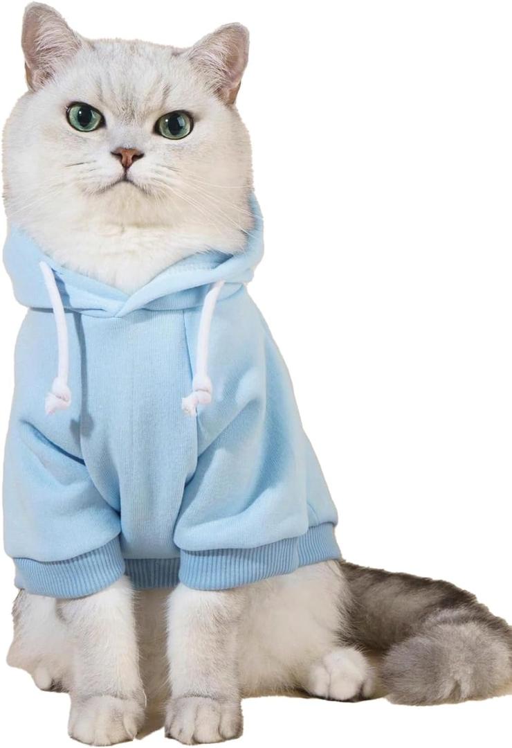 QWINEE Basic Dog Hoodie Sweatshirt Puppy Sweater Warm Cat Costumes Pet Clothes for Chihuahua Puppy Kitten Small Medium Dogs Light Blue Medium