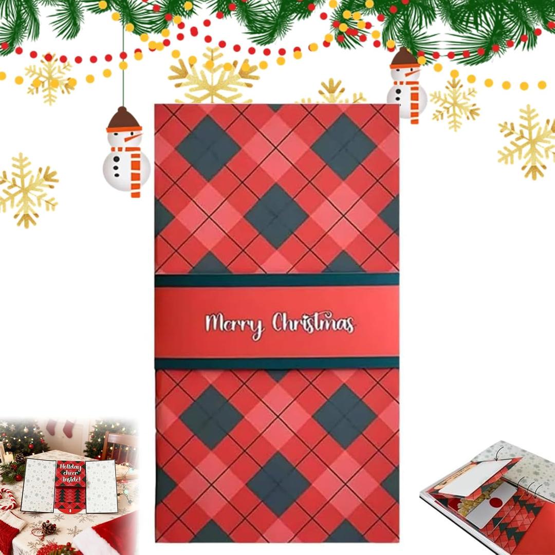 Handmade Christmas Gift Card Booklet, Waterfall Christmas Card Booklet with 4 Slots, Red Plaid Design with Merry Text, Money Envelope Set