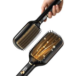 PRITECH Hair Straightener Brush - Upgraded Ionic Plus, Dense Bristles, 5 Temps, 20s Fast Heat, Anti-Scald, Dual Voltage | Ceramic for Thick/Curly Hair (Black Gold)