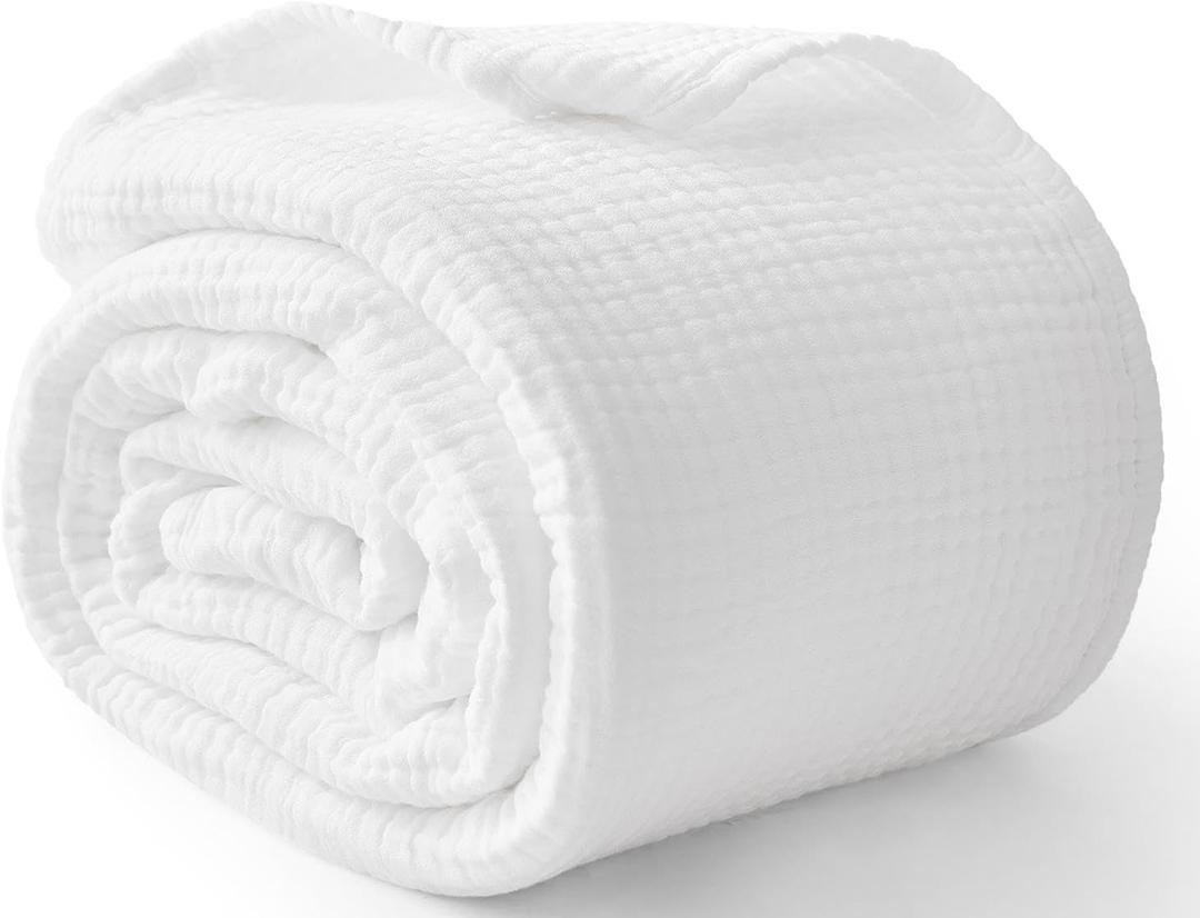 100% Cotton Muslin Blanket Queen 90" x 90", 6 Layers Breathable and Lightweight Cotton Throw Blanket for Bed, Soft Quilt Bedspread Coverlet, Gauze Blanket for Adults All Season, Beige Linen, White