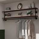 Clothes Rack 55in, 2-Tier Wall Mounted Garment Rack with Real Wood Shelf, Heavy Duty Hanging Clothes Rack, Multi-Purpose Hanging Rod, Space-Saving Closet Storage