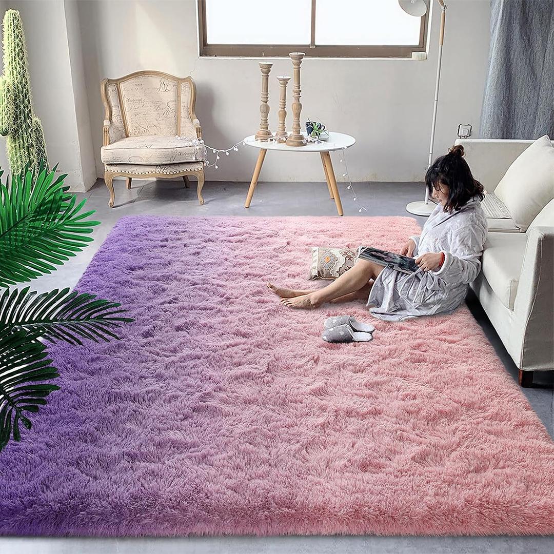 DweIke Luxury Fluffy Kids Rugs for Living Room Bedroom, 8x10 Large Shaggy Pink and Purple Area Rug for Girls Boys, Upgrade Plush Non-Slip and Washable Colorful Fuzzy Carpet for Dorm Nursery Decor