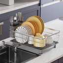 Stainless Steel Dish Drying Rack with Drainboard Dish Drainers for Kitchen Counter Extendable Spout Strainers with Utensil Holder and Knife Slots, Grey (Gray)