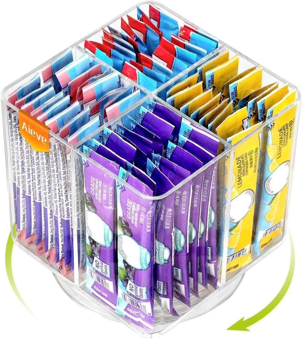 AIEVE Drink Packet Organizer, Lazy Susan Organizer for Water Flavor Packets, Drink Mix Rotating Turntable Sugar Packet Holder Container for Pantry Organizers and Storage, Square