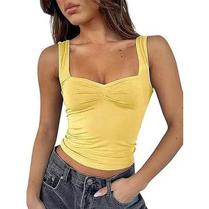 ForeFair Women Sleeveless Sexy Backless Going Out Crop Top Y2K Strappy Ruched Tank Top Summer Tight Slim Fit Cute Tops (Small, Light Yellow)