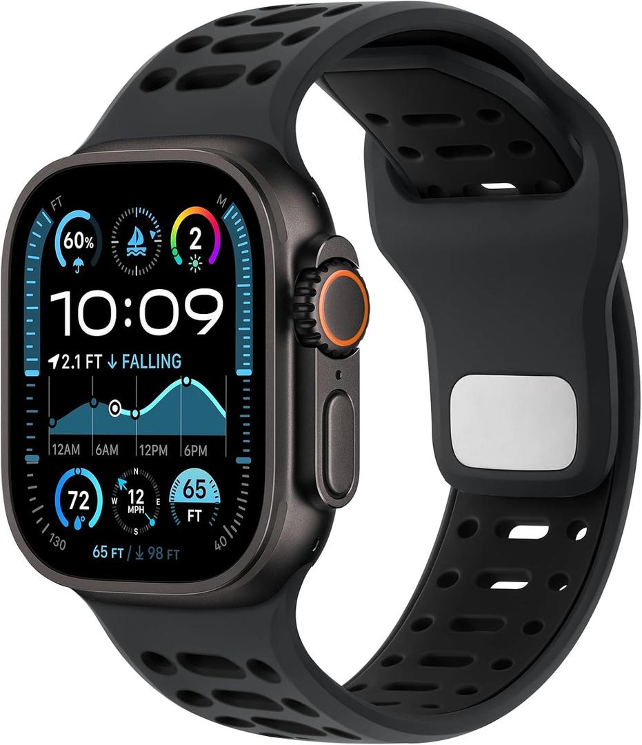 Amizee Sport Bands Compatible with Apple Watch Band 49/46/45/44/42mm Men, Soft Silicone Breathable Replacement Strap for iWatch Ultra 3/2/1 Series 11 10 9 8 7 6 5 4 SE3/2/1, Anthracite Grey/Black