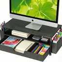 ECOLOVI Desk Organizer and Accessories, 2-Tier Computer Monitor Stand Rise with Storage Drawer & 2 Pen Holders, Laptop & Printer Stand for Desktop, Workspace Organizers for Office Supplies (Black)