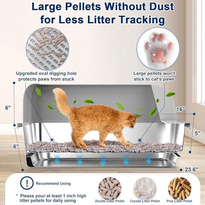 23.6"x15.7"x6" Enclosed Stainless Steel Litter Box with Lid, XL Sifting Litter Box for Pine Pellets with Removable Drawer Pan for Easy Cleaning, High Sides Large Metal Litter Box System for Big Cats, Silver