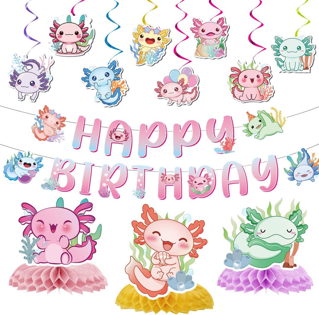 Axolotl Birthday Party Decorations - Colorful Axolotl Theme Party Decor Set, Happy Birthday Banner Honeycomb Hanging Swirls Supplies for Girls Cartoon Fun Animal Party