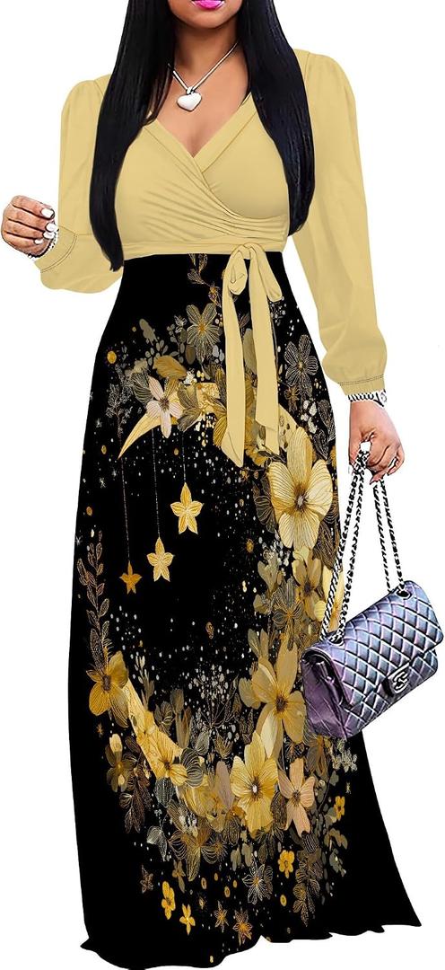 PinkPatty Plus Size Dresses for Curvy Women V Neck Flowy Long Sleeves Wrap Maxi Dress Travel Vacation Outfits