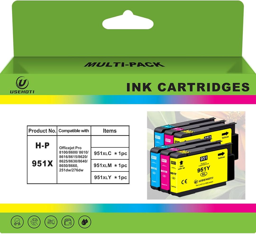 High Yield 951XL Ink Cartridges Combo Pack 2 Cyan, 2 Magenta, 2 Yellow (6-Pack) Compatible with OfficeJet Pro 8600, 8610, 8620, 8630, 8660, 8640, 8615, 8625, 251DW, 276DW
