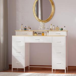 Dresser for Bedroom with 9 Drawers & 2 Open Shelves, Fabric Storage Cabinet, Chest of Drawers, Long Dresser for Closet, Wooden Top & Metal Frame, Classic White