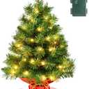 Prelit 2ft Small Christmas Tree, Leeheeyee Artificial mini Christmas Tree with 50 LED Lights, Battery Operated Tabletop Xmas Tree with Burlap Base for Table Desk Home Christmas Decor