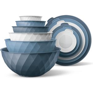COOK WITH COLOR Mixing Bowls with Lids - 12 Piece Plastic Nesting Bowls Set includes 6 Prep Bowls and 6 Lids, Microwave Safe Mixing Bowl Set, Denim Diamond