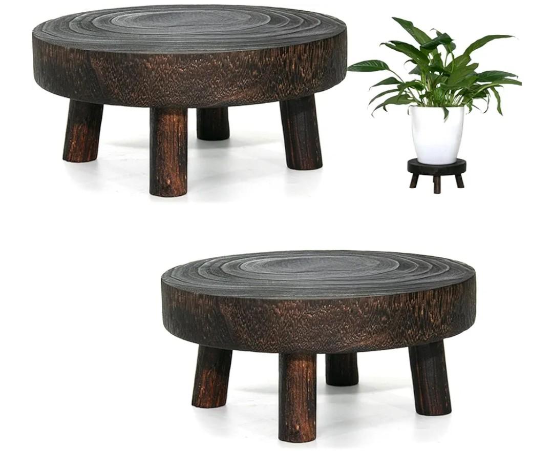 2Pcs Small Wooden Stools for Plants, Wood Stool Plant Stand, 8inch Solid Wood Garden Plant Pot Riser, Mini Round Flower Display Stand Plant Holder Indoor for Home Bonsai Potted Decor (Brown)