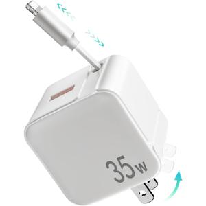 Retractable Wall Charger Block for iPhone, 35W PD Fast Charger With Lightening Cable and USB Port, Portable Adapter With Foldable Plug for iPhone14/13/12, iPad, Air-Pods White