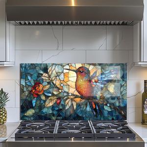 Evgosm Tempered Glass Backsplash for Kitchen Stove Splashback, hummingbird Glass Backsplash, Easy to Install and Clean, Used for Kitchen Wall Protection and Decoration (30x24'')