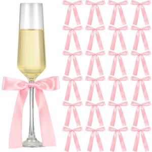 24 Pack Bows for Wine Glass Candle Holder 6.7 x 4 Inch Bow Candlestick Champagne Glass Ribbon Self Adhesive Tag Name Marker for Wedding Anniversary Party Gift Decor(Pink)