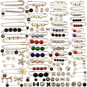 TIHOOD 110PCS Pearl Brooch Pins Women Decorative Safety Pins Pant Clothing Shawl Clips Artificial Pearls Brooch Elegant Pearl Cardigan Collar Brooch Clips Waist Tightener Safety Pins
