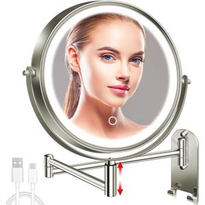 8" Wall Mounted Lighted Makeup Mirror, 3000mAh Rechargeable Double Sided 1X/10X Magnifying Mirror with Hook, 3 Color Lights Touch Dimmable 360 Rotation Vanity Mirror for Bathroom (Nickel-round)