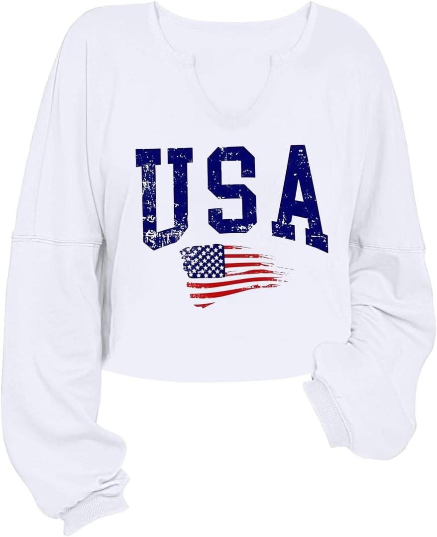 Women's USA Flag Sweatshirts Long Sleeve Crop Graphic Sweatshirts Cute V Neck Shirts Tops(White1,XL) (White, XL)