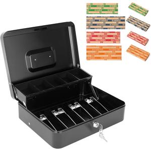 Cash Box with Key Lock and Money Tray - Metal Money Box for Cash Register, Large Cash Lock Box for Money Safe with 100PCS Coin Wrappers Assorted