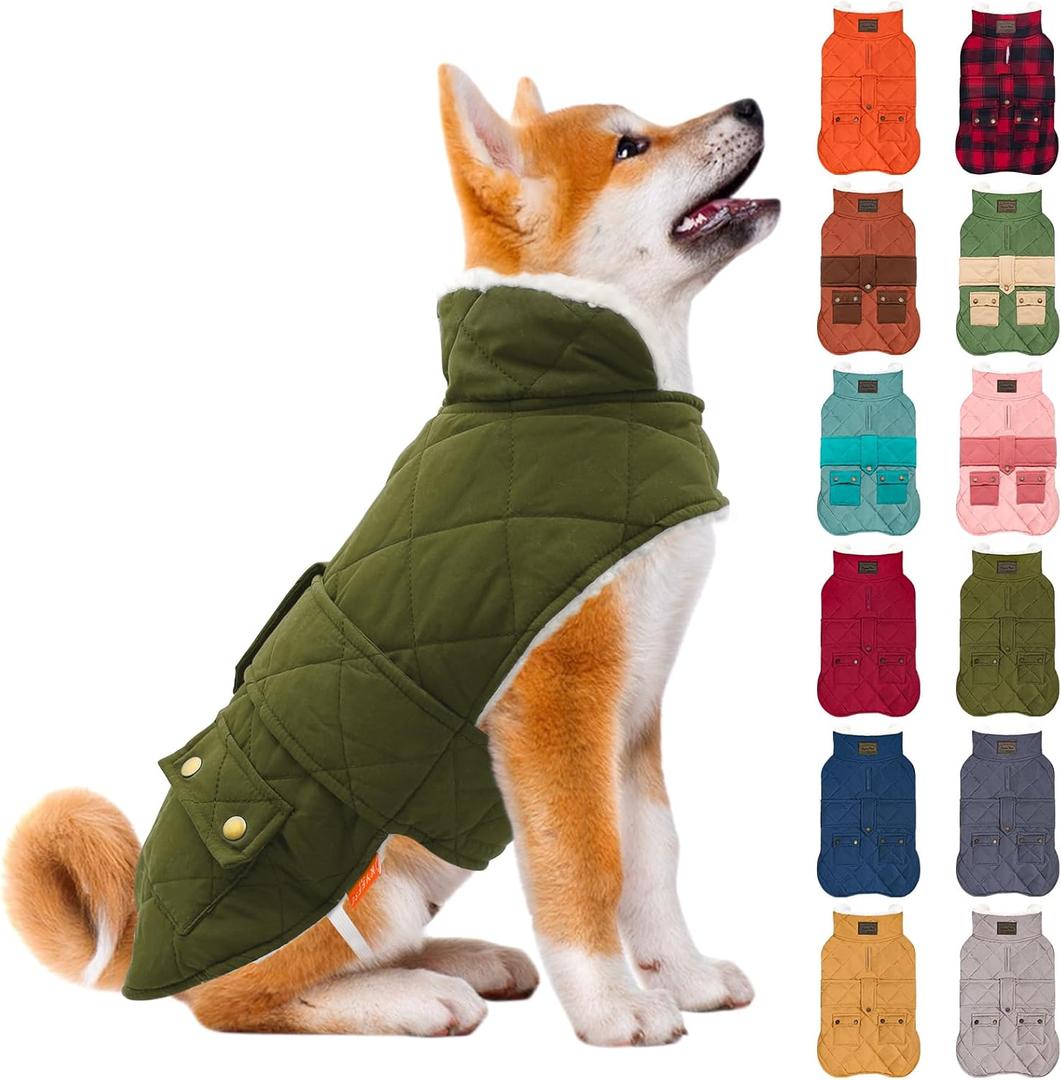 KYEESE Dog Coat Windproof Dog Coats for Small Dogs Soft Pet Sweater for Cold Weather Waterproof Dogs Jacket with Fleece Lined Warm Pet Winter Puffer Coat with Leash Hole Thick Pets Clothes with Pocket (Large, 06# Army Green)