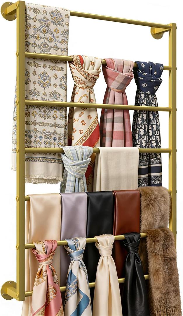 Wall Mounted Scarf Rack, Gold Silk Scarves Hijab Hanger Organizer Metal Racks Wrapping Tissue Paper Ribbon Holder Towels Storage Display for Flower Shop Retail Store (Gold, 7T-23.635.4IN)