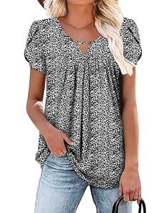 onlypuff Womens Tops Short Sleeve Cute Summer Clothes Pleated Plus Size Front Dressy Casual Blouses DenseBlack Floral XL
