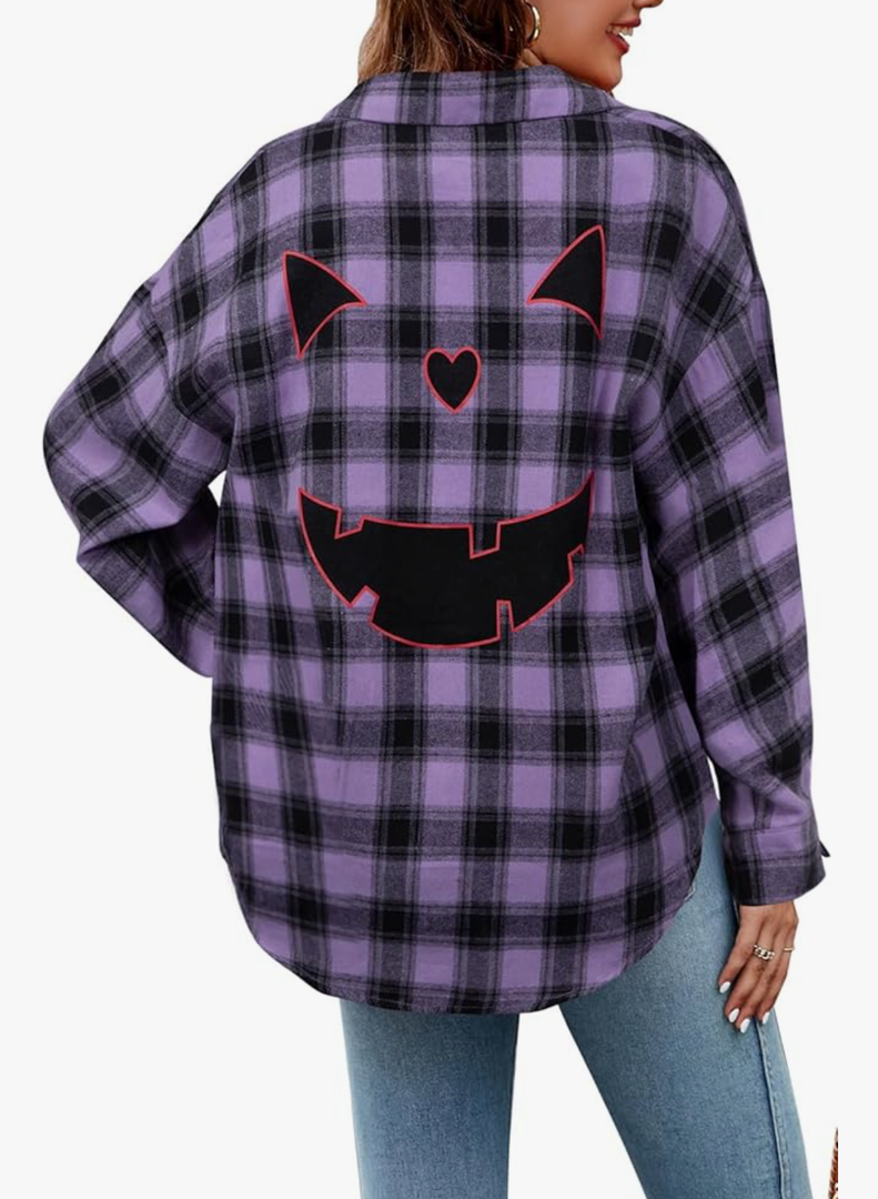 Halloween Shirt Women Pumpkin Face Shirt Funny Button Down Flannel Plaid Long Sleeve Tops Fall Clothes Outfits, XL