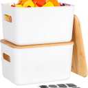 Citylife 2 PCS Storage Bins with Bamboo Lids Plastic Storage Containers for Organizing Stackable Storage Box with Handle, 10.23 x 7.08 x 6.3 inch (White)