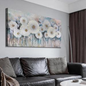 Acocifi Floral Canvas Wall Art for Living Room Dandelion Picture Large Flower Bedroom Painting 60% Handmade Textured, Grey Vintage Artwork Framed for Dining Room Office Home Decor 48"x24"