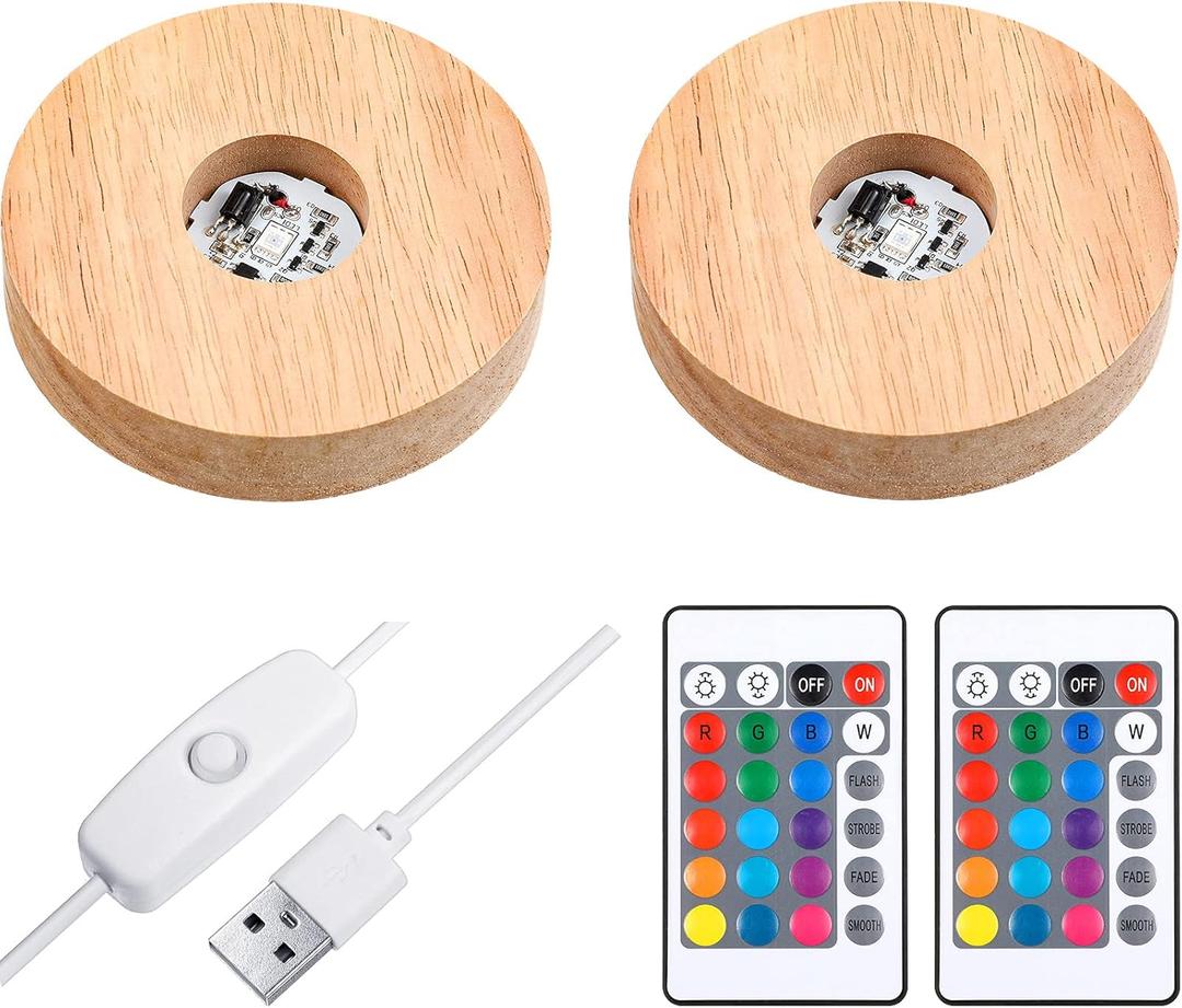 Mudder 2 Pieces LED Base Display Base Lighted Display Stand,16 Colored USB Light Table Wood Round Crystal Light Art Table Centerpiece with Remote Control