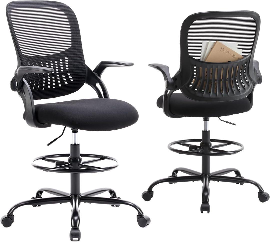 SMUG Drafting Chair for Standing Desk, Counter Height Adjustable, Flip-up Arms, Ergonomic Mid Back Mesh Rolling Work Swivel Office Computer Chairs with Wheels, Black