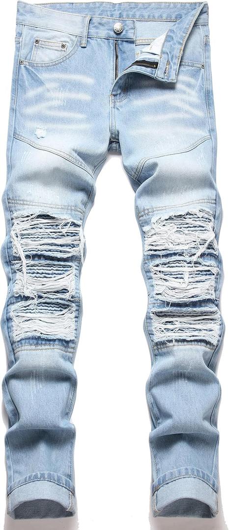 RXXKKK Men's Classic Zipper Biker Regular Fit Flex Jean (38, 253 Light Blue)