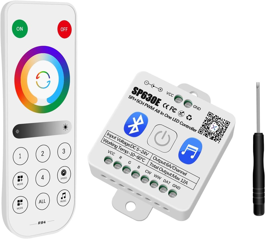RGBZONE Bluetooth LED Controller, SP630E 4 Zones 2.4GHz RF Remote & APP Control, DC5V-24V LED Controller Support FCOB COB SMD PWM or SPI RGB RGBW WS2811 WS2812B WS2814 SK6812 IC etc Light Strips