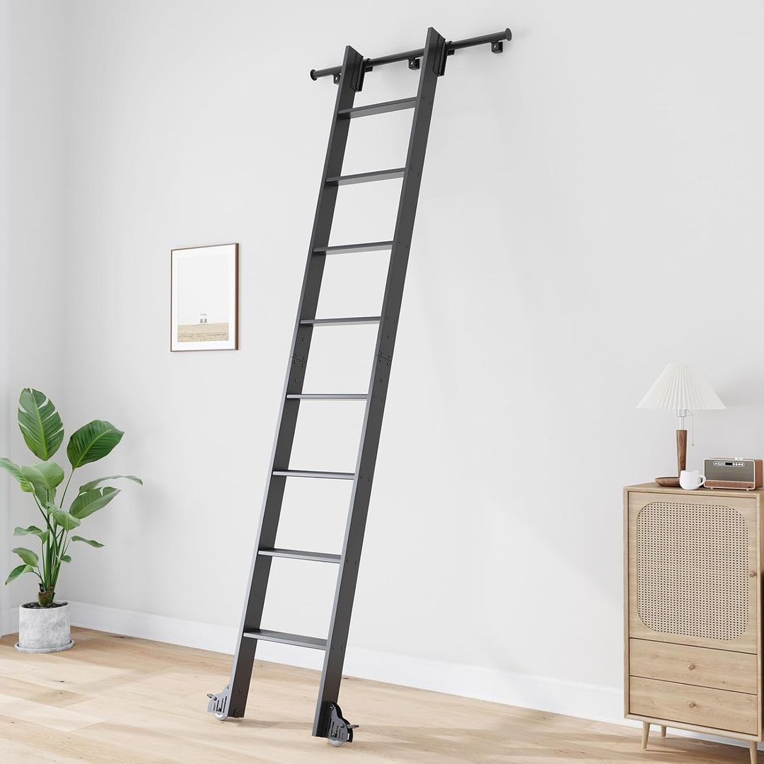 Fredbeck 9FT Rolling Library Aluminium Step Ladder 108" with 4FT Sliding Hardware Track Kit Bottom Wheel Included,for Kitchen,Loft,Warehouses,Bookstore,Atti,Dressing Room,Metal Black
