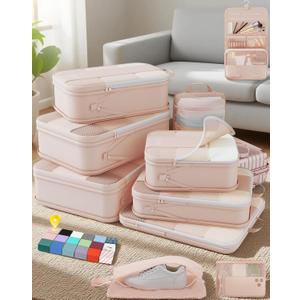 10 Set Compression Packing Cubes for Travel Women Mom,OlarHike Luggage Clothes Storage Gifts for Travelers,Airplane/Cruise/Car/Train Travel Essentials,Compressible Expandable Saver Space Bags(Beige)