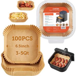COSORI Air Fryer Liners, 100 PCS Square Disposable Paper Liners, Non-Stick Silicone Oil Coating, Little to No Cleaning, 6.5" Unbleached Food Grade, Resistant to 465F, Thickened Not Easy to Break (3-5 QT, Brown)