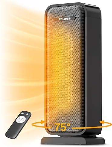 PELONIS Space Heater Indoor with 75° Oscillation & Remote, 16 Inch Portable Heater with Thermostat & 12H Timer, Electric Room Heater with Eco, Ceramic Desk Heater for Bedroom Home Office, 1500W