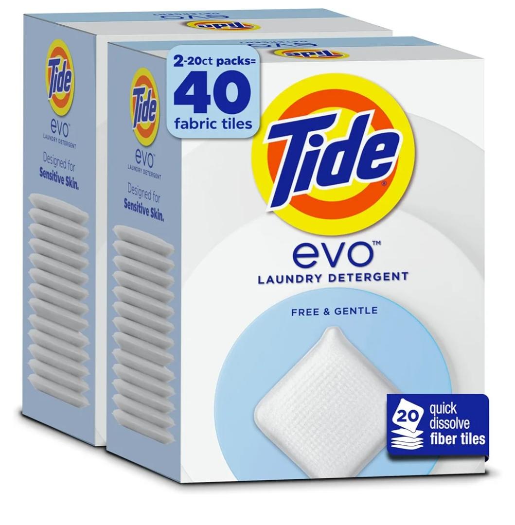 Tide evo Laundry Detergent Free & Gentle Works on 100% of Common Stains Concentrated Travel Detergent HE Compatible and Instant Dissolve Fights Stains Better than Leading Detergent Sheet, 40 Count