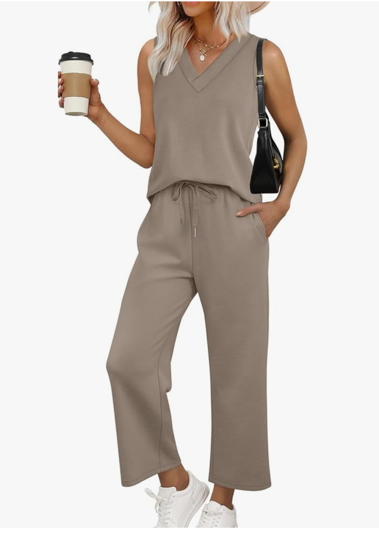 WIHOLL Two Piece Sets for Women Summer Outfits Matching Lounge Sets Wide Leg Crop Pants Vacation Travel L, Brown
