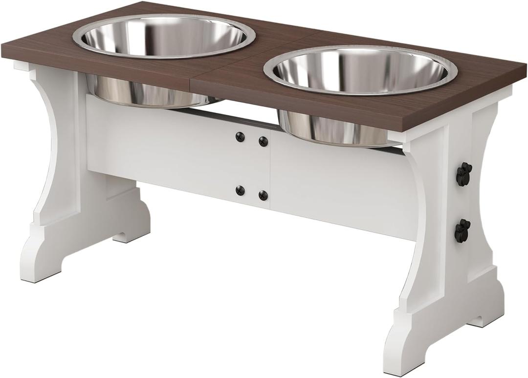 Piskyet Elevated Dog Bowls,Farmhouse Dog Bowls Stand, Raised Dog Bowl with 2 Stainless Steel Wooden Dog Bowls,7 Cups 11''H_55 oz Bowl-Farmhouse Style