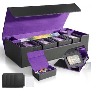 Card Deck Box for MTG Commander, Large 6 in 1 Card Storage Display Case with 5PCS TCG Deck Boxes & Dice Tray, Holds 2400+ Unsleeved Trading Cards (Black&Purple Set)