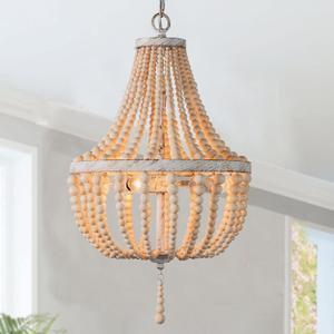 Topaluce 3Lights Wood Bead Chandelier Boho Light Fixture,Antique Rustic Metal White Oak Beaded Chandelier Kitchen Island Pendant Lighting for Dining Room,Bedroom,Entryway,Foyer